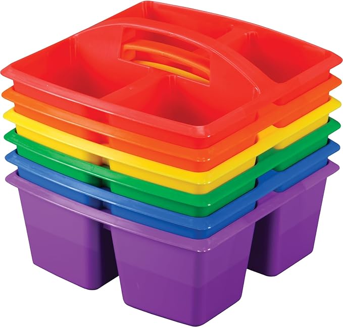Really Good Stuff - 163999 Four-Equal-Compartment Caddies, Set of 6, Assorted Colors – Plastic Caddy Organizers with Built-in Handles and Stackable Design, Classroom Storage Made Easy
