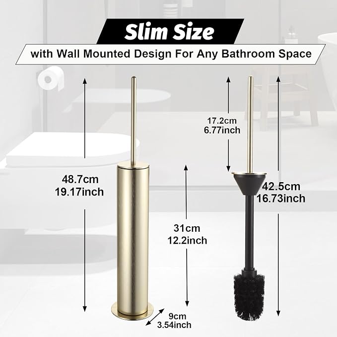 BGL Toilet Brush with Holder Set Brushed Gold Aluminium Standing for Bathroom Toilet Bowl Cleaner Brush and Holder Set, Round Design