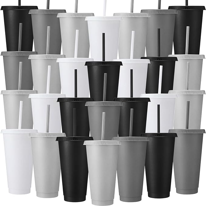 Honeydak 30 Pack Tumbler with Straw and Lid Bulk Cups for Gifts Water Bottle Iced Coffee Travel Mug Cup Reusable Plastic Tumblers for Party Birthdays 24-27 oz (Gradient Color)