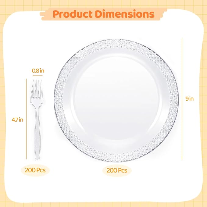 OMISTAR 400 set 9inch Clear Plastic Dessert Plates and Forks, Include 200 Disposable Appetizer Plates with 200Plastic Forks, Round Dinner Plate for Wedding BBQ Picnic Camping Events Party Supplies