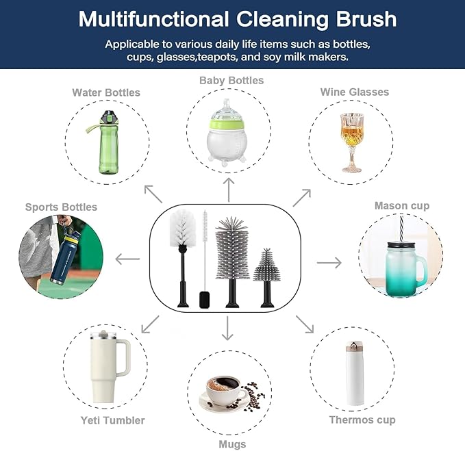 5 in 1 Electric Bottle Brush Cleaner Compatible Stanley Bottle Brush Straw Cleaner Multifunction Rechargeable IPX6 Waterproof Extra Long Design for Stanley Cup, Sports Bottle and More (Black)