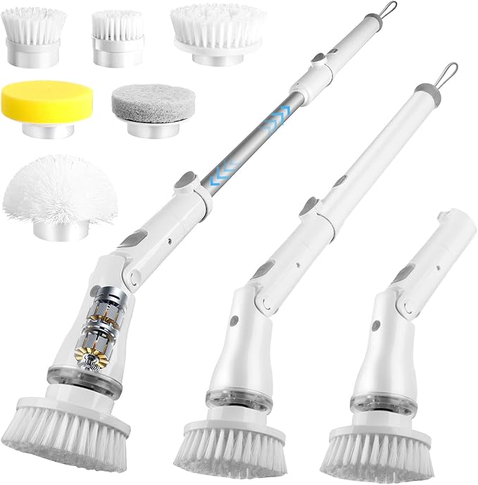 Electric Spin Scrubber, 8 in 1 LED Electric Scrubber for Cleaning, 90 Mins Long Runtime IPX6 Waterproof & 52" Extendable Handle for Deep Clean Bathroom Grout, Tile and Kitchen