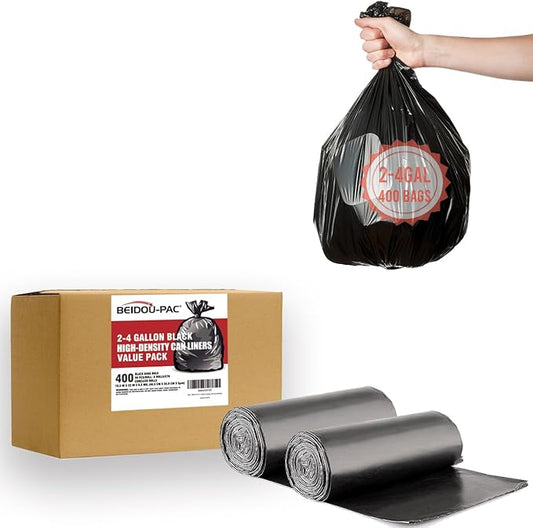 BEIDOU-PAC 2-4 Gallon Trash Bags, 400 Count Black Garbage bags, Small Trash Can Bin Liners for Bathroom, Office, Industrial, Commercial, Janitorial, Municipal, Recycling