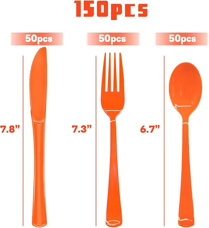 150 Pack Orange Plastic Silverware, Orange Plastic Cutlery Disposable Includes 50 Forks, 50 Spoons, 50 Knives for Birthday, Party, Holiday