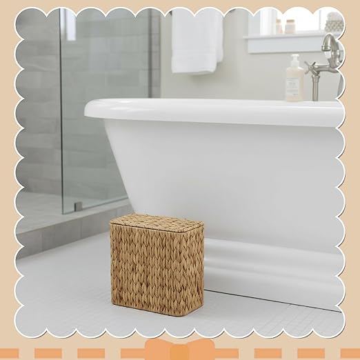 WLLHYF Wicker Waste Basket with Lid Water Hyacinth Handwoven Garbage Can Small Bathroom Trash Can Boho Rattan Wastebasket with Removable Liner for Bedroom Home Living Room Office Kitchen