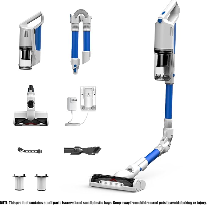 Cordless Stick Vacuum Cleaner, Powerful Suction Anti-Tangle Brush Vacuum with LED Headlight, Lightweight Vacuum Cleaner for Hardwood Floor Carpet Pet Hair (Blue)