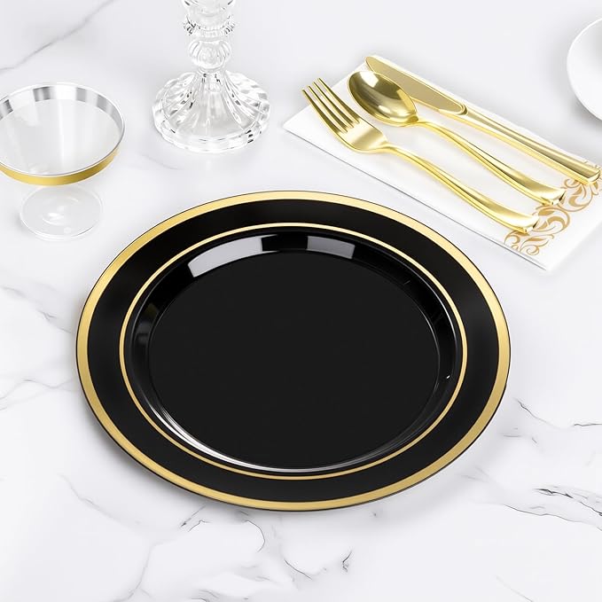 BESTVIP 100PCS Black Plastic Plates, 10.25 Inch Disposable Dinner Plate Party with Gold Rim for Christmas, Thanksgiving, Heavy Duty Disposable Plastic Plates for Party, Wedding and Birthday, Events