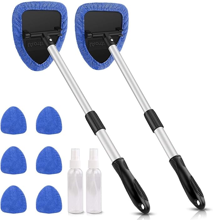 AstroAI Windshield Cleaner, Microfiber Car Window Cleaner with 12 Reusable and Washable Microfiber Pads and Extendable Handle Auto Inside Glass Wiper Kit, Blue, 3 Pack