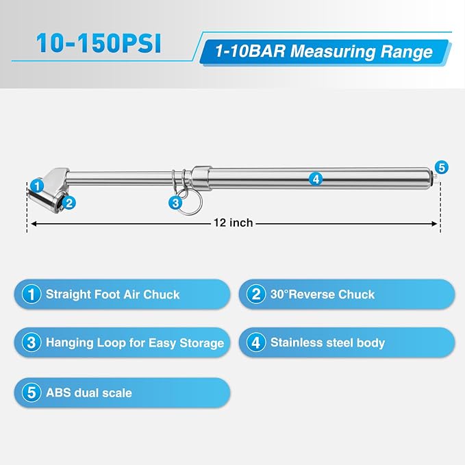 Nilight Dual Head Tire Pressure Gauge Heavy Duty Truck Air Chuck Range 10-150PSI 1-10Bar Tire Pressure Checker Straight-On Tire Air Gauge Extended Tube for Semi Truck, RV, Car, Motorcycle