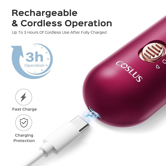 COSLUS C43 Professional Manicure Pedicure Kit, 5-in-1 Electric Nail File for Toenail Hand Feet, Basic & Thick Nails Care, Cordless, 5 Speeds, for Men Women Seniors Home Salon, Standard Grinder, Red