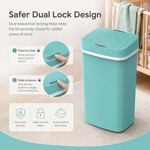 15L Smart Diaper Pail with Motion Sensor Lid | Touchless Hands-Free Baby Diaper Trash Can | Double Locking Seal | Slim Space-Saving Design | Quiet & Durable (Turquoise)