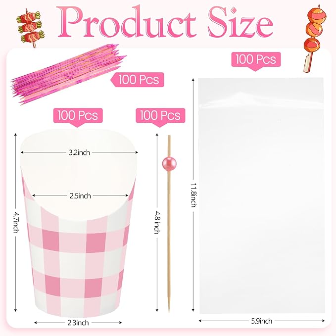 Bokon 100 Set Valentine's Day 14 oz Charcuterie Cup with Stick and Bag, Disposable Pink French Fries Snack Popcorn Dessert Fruit Holder for Birthday Wedding Valentine's Day Party Supplies