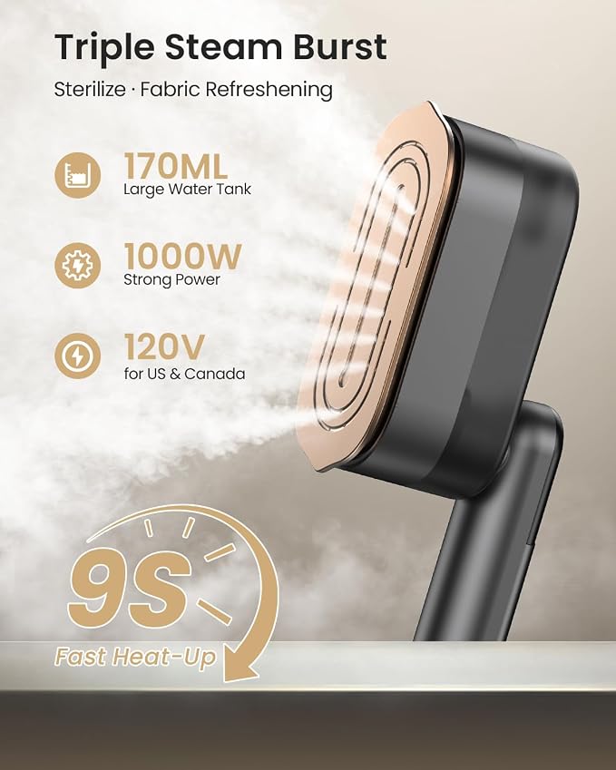 LOXP 2-in-1 Hand Held Steamer Iron for Clothes, 1000W Travel Steamer with Ceramic Soleplate, 9s Fast Heat-Up, Leak-Proof 170mL Tank, Self-Clean, Portable Wrinkle Remover for Home & Travel, 120V, Black