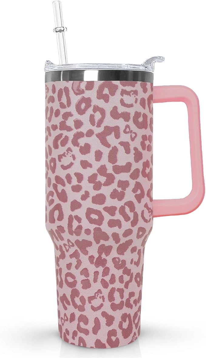 Ceovfoi 40oz Pink Leopard Print Insulated Tumbler with Handle, Travel Coffee Mug with Lid Straw, Trendy Y2K Animal Print Decor & Fashion Gift
