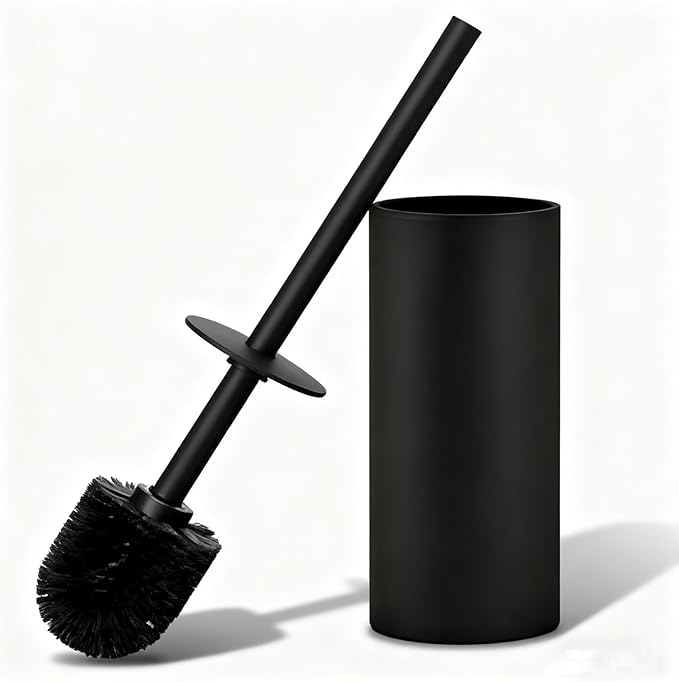 Toilet Brush and Holder Set, NEWRAIN 304 Stainless Steel Toilet Brush with Long Brush Handle, Matte Black Toilet Scrubber and Covered Holder, Round Design Sturdy and Space Saving, Covered Brush