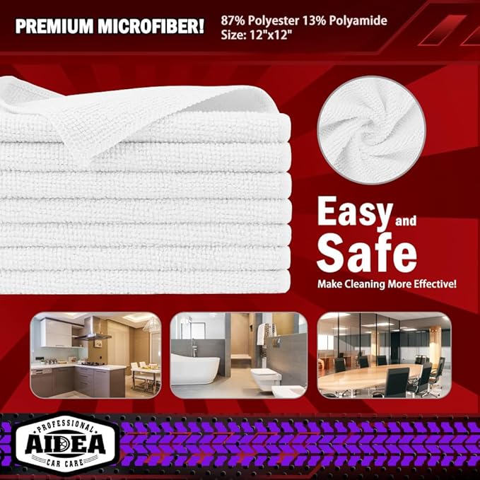 AIDEA Microfiber Cleaning Cloth White, 600PK, Microfiber Towels for Cars, Shop Towels Cleaning Rags, Premium Wash Cloths, Absorbent Towel for SUVs, House, Kitchen, Commercial, Cleaning Supplies 12×12"