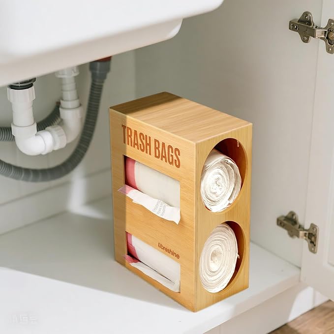 Libreshine Extra Large Bamboo 2-in-1 Trash Bag Dispenser & Roll Holder – Fits Costco Kirkland & Members Mark Jumbo Rolls, Wall/Under-Sink/Cabinet Mountable, Dual-Slot Storage for 2 Rolls