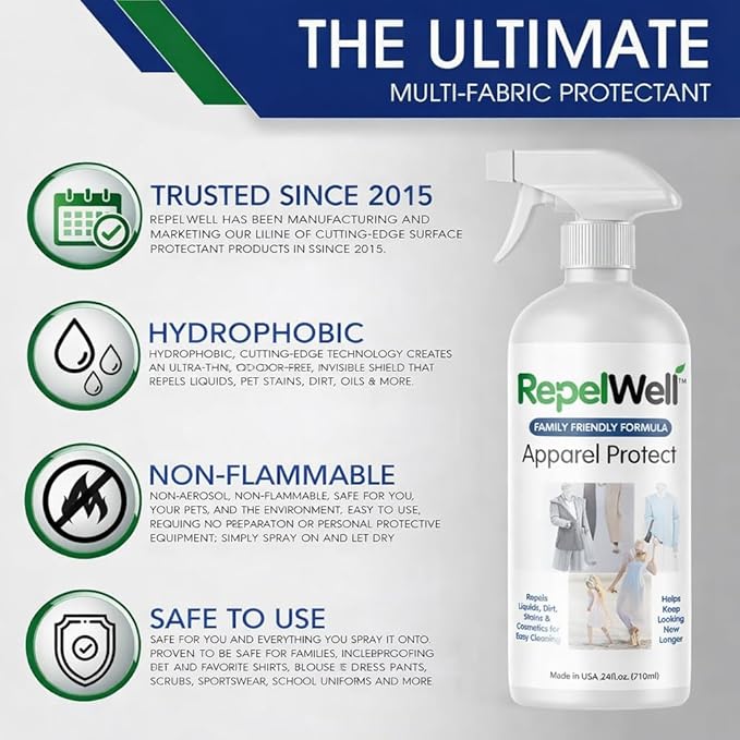 RepelWell Apparel Protect (24oz) Stain & Water Repellent Spray – Non-Toxic, Eco-Friendly, Pet-Safe Sprays for Clothing & More