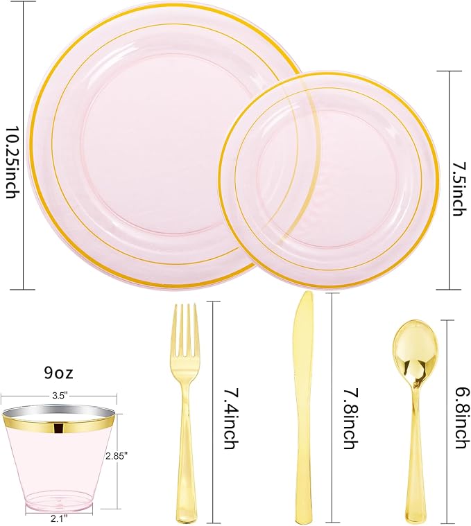 WELLIFE 210Pcs Clear-Pink Plastic Dinnerware- Pink and Gold Plastic Dinnerware include 30 Dinner Plates, 30 Dessert Plates, 90 Gold Silverware, 30 Cups and 30 Napkins Perfect for Parties