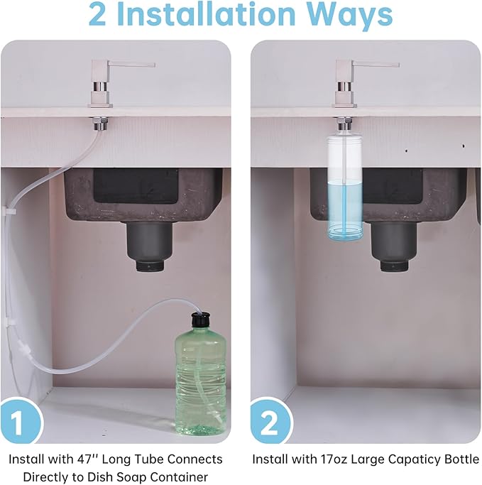 Built in Sink Soap Dispenser Dispenser Square with 47'' Long Tube, Brushed Brushed Nickel Brass Pump Head for Kitchen Sink with 17 oz Bottle