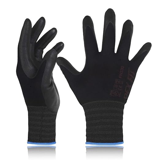 DEX FIT Nitrile Work Gloves FN330, 3D-Comfort Stretchy Fit, Firm Grip, Thin & Lightweight, Touch-Screen Compatible, Durable, Breathable & Cool, Machine Washable; Black XS (6) 12 Pairs