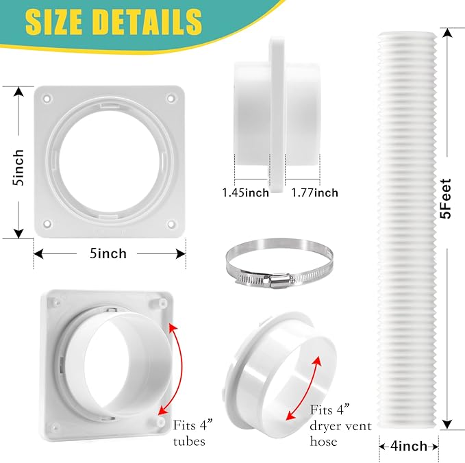 VIWINVELA Dryer Vent Wall Plate Quick Connector Snap to Vent Dryer Dock Connector Kit Fits 4 Inch Hose (Dryer Vent Connector with 4in-5ft White Hose)