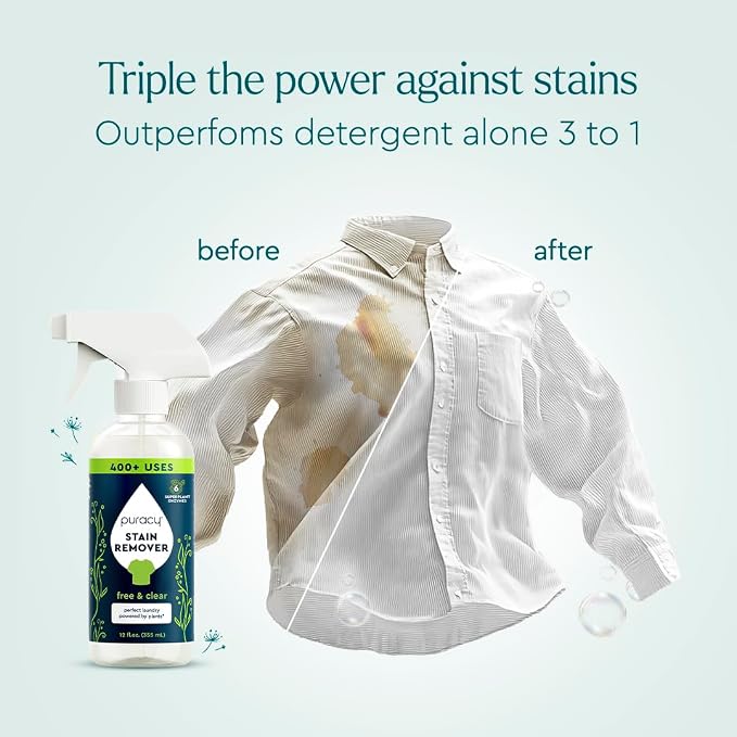Puracy Stain Remover 12oz Bottle and 0.33oz 3-Pack Pen, Travel and Laundry Stain Cleaner for Clothes, Unscented