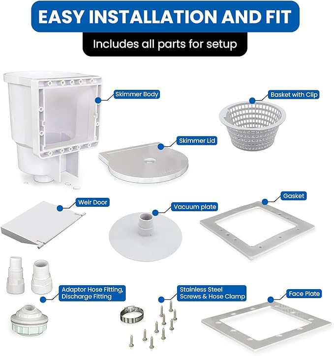 JED Pool Tools 45-400 Square Mouth Thru-The-Wall Skimmer & Accessory Kit for Above Ground Pool and Pool Cleaning Supplies, Made in USA