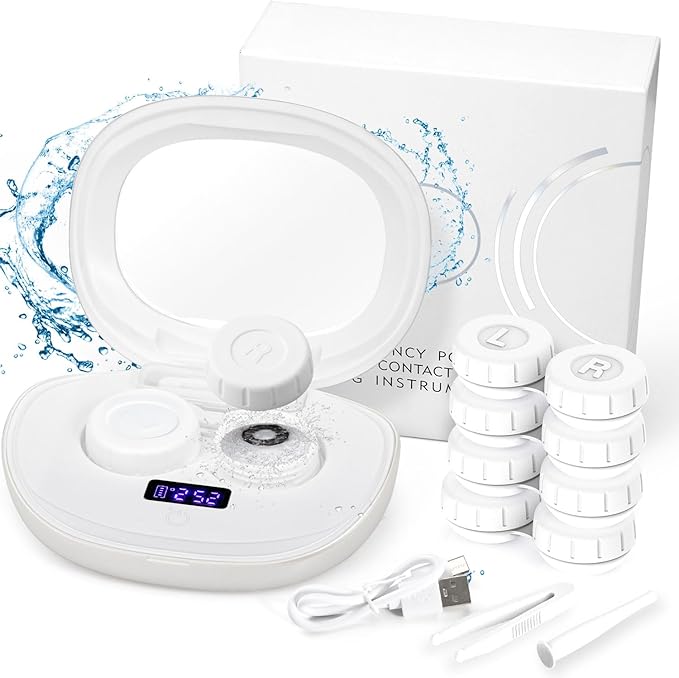 Contact Lens Cleaner, Portable Ultrasonic Contact Lens Cleaning Machine with USB Charger, LED Timer Display & 5 Contacts Solution Cases Kit for Soft Hard Colored RGP Lenses (White)
