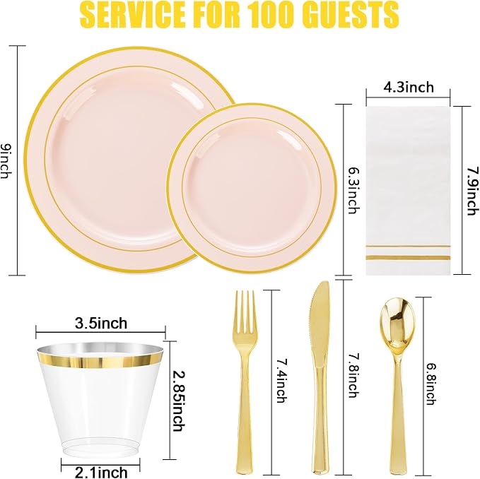 GATHER 700PCS Pink Plastic Plates - Gold Rim Disposable Plastic Dinnerware Set Include 200 Pink Plates, 300 Silverware, 100 Napkins, 100 Cups for Party & Wedding & Baby Shower