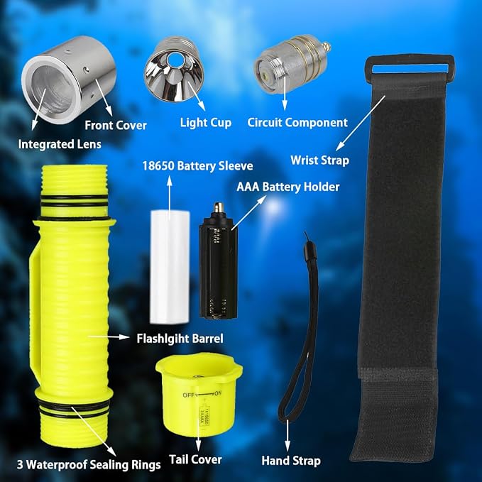 NAKCNM 2 Pack Diving Flashlight Underwater LED Scuba Dive Lights Super Bright IPX8 Waterproof 3 Modes for Outdoor Activities with Rechargeable Battery and Charger