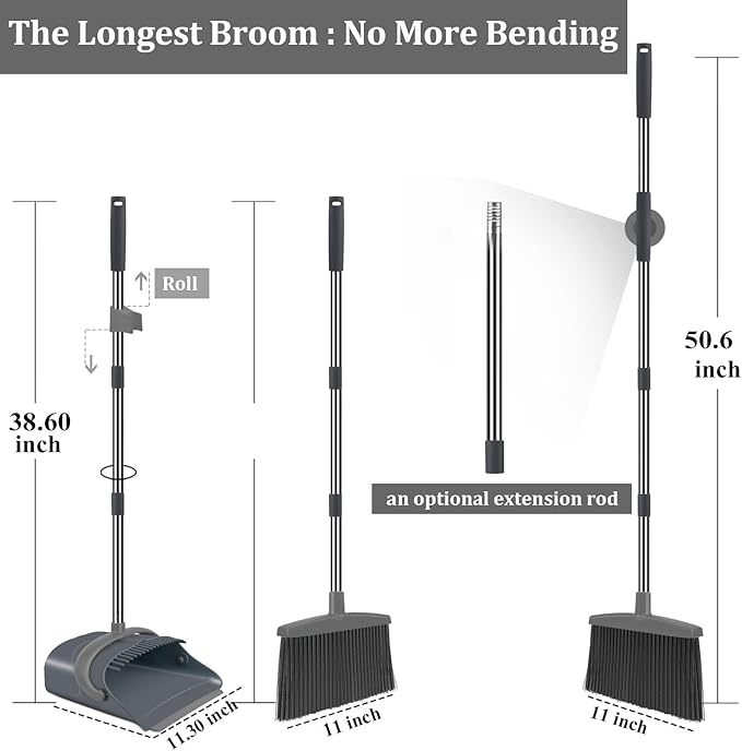 Ivandar Broom and Dustpan Set, Dust pan with Long Handle, Broom with Dustpan Combo Set, Broom and Dustpan for Home, Indoor or Outdoor Cleaning Tool (Deep Gray&Light Gray)