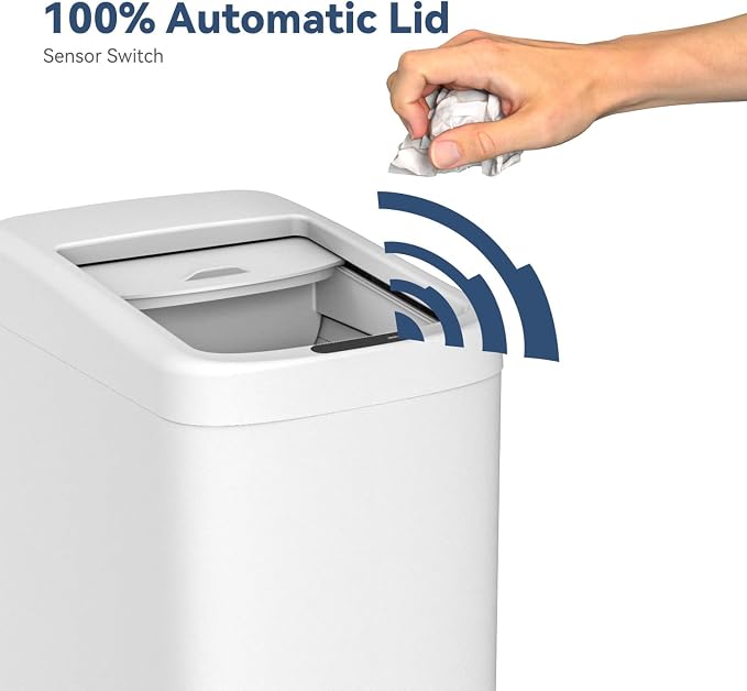 ELLO&ALLO Motion Sensor Trash Can 8 Gallon for Kitchen with Roll Up Lid, Automatic Touch Free High-Capacity with Wheels Waste Bin White