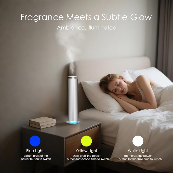 Somniare Waterless Essential Oil Diffuser, 1500 Sq. Ft Coverage Quiet Scent Diffusers for Homes, Hotels, Spas, Adjustable Mist, Included 5 Scent Oils(3.3OZ), Safe for Kids&Pets, Silver