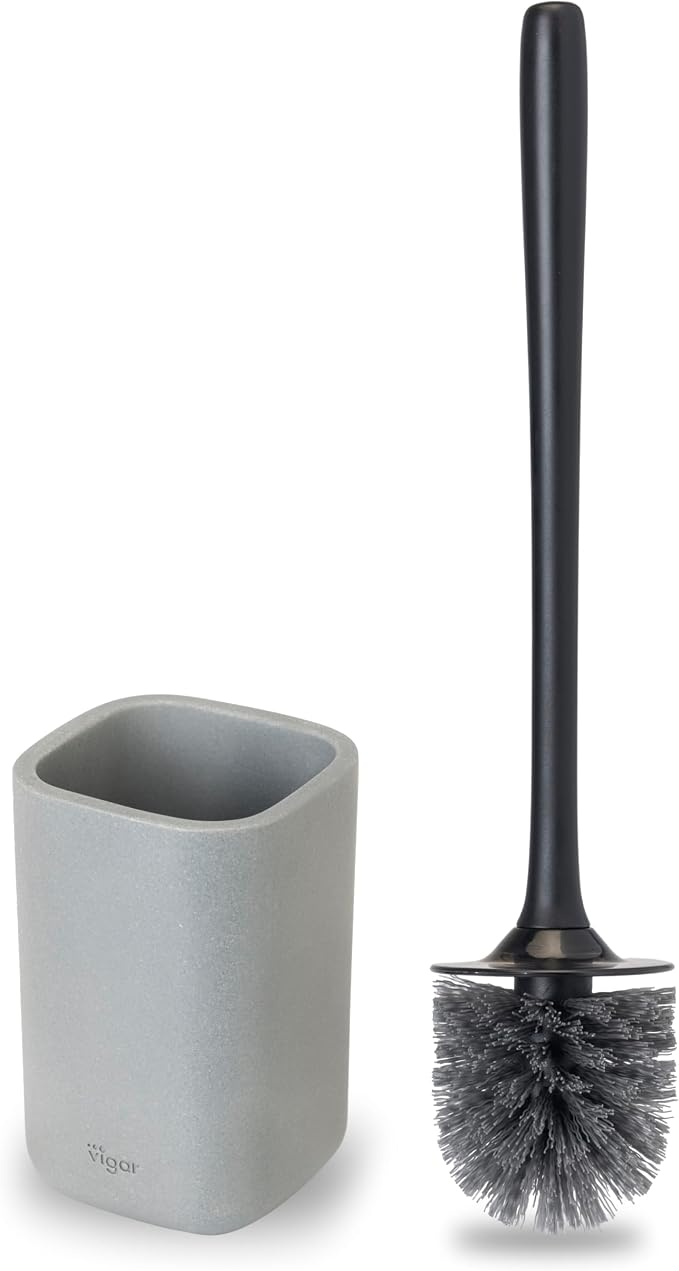 Vigar Zense Toilet Brush and Holder Set - Toilet Bowl Brush and Holder, Polyresin Stone Bathroom Accessory, Compact Toilet Cleaner Brush for Bathroom Decor and Toilet Accessories Set - Concrete