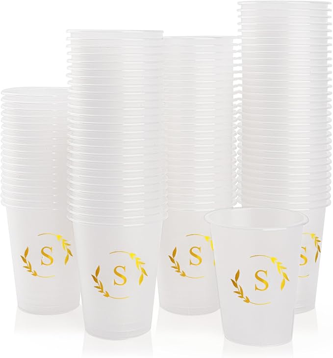 100 Monogrammed Cups Disposable Initial Plastic Cup 12 oz Wedding Personalized Cup for Wedding Reception Baby Shower Birthday Party(Letter S)