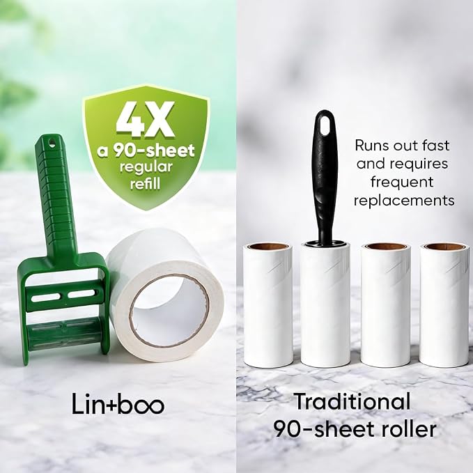 Lintboo Reusable Lint Roller (~720 sheets + 1 handle) – Double-Sided Sticky Roller with Water-Based Adhesive & Reusable/Recyclable Liner – Long-Lasting Pet Hair Remover for Clothes, Furniture & Travel