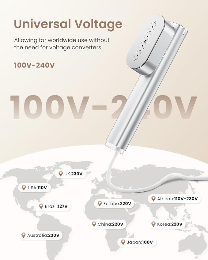 Travel Steamer for Clothes,100-240V Portable Garment Steamer, Steamer＆Iron 2 In 1,30s Fast Heat-up,120ml Water Tank,Large Ceramic Heat Panel,HandheldSteamer for Global ＆ Europe Traveling,Silver