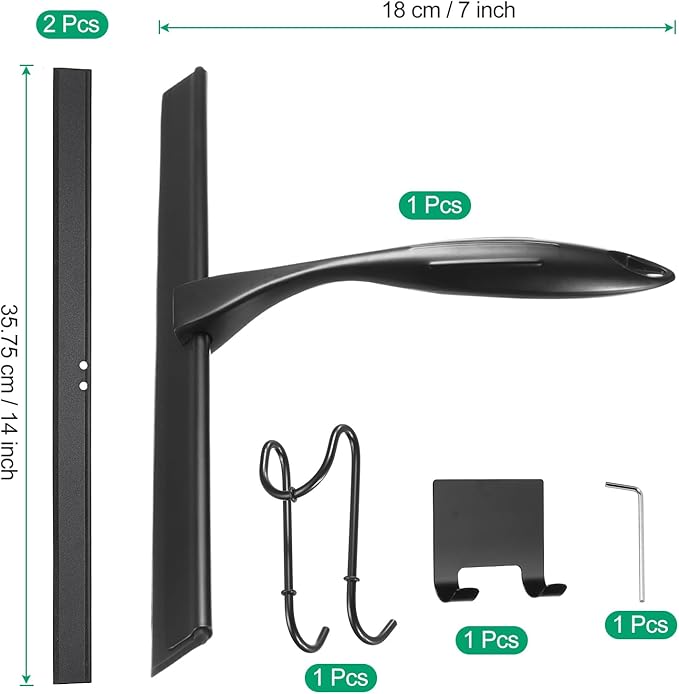 uxcell 14 Inch Shower Squeegee for Glass Doors, Stainless Steel All-Purpose Bath Squeegee with Hooks Holder Square Sticky Hook for Bathroom Window Mirror Car Glass, Black