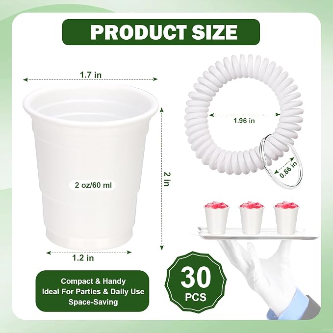 30 Pcs White Shot Cups with Wristband for Party 2oz Plastic Shot Glasses Bulk Disposable Mini Shot Glasses with Bracelet Wear On Solo Cups for Wedding Graduation Party Beer Taste Serving Birthday