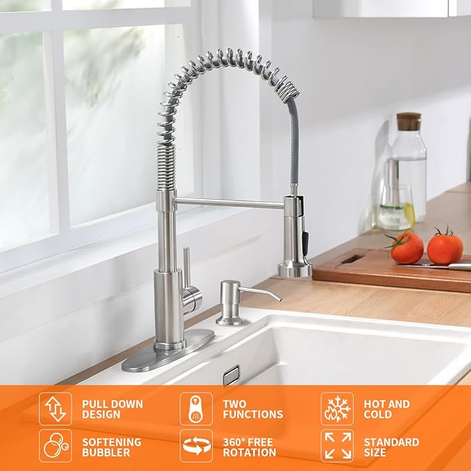 Kitchen Sink Faucet with Soap Dispenser, Kitchen Faucet with Pull Down Sprayer Stainless Steel Single Handle High Arc Pull Out Brushed Nickel Faucet for Bar Laundry RV Utility Sink