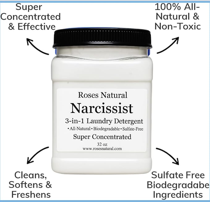 Narcissist 3-in-1 Laundry Detergent Powder, 32 oz, Non-Toxic, All-Natural, Super Concentrated, Sulfate-Free, Made in the USA.