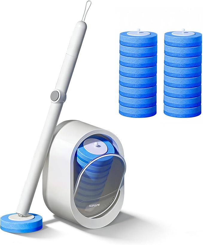 SOPAMI Disposable Toilet Brush and Holder Set with 16 Refills for Bathroom | Disposable Toilet Cleaning System,Toilet Wand Kit,Wall-Mounted or Floor-Standing Holder Toilet Cleaning Stick Touch Free