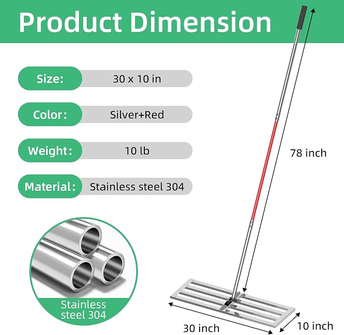 6.5FT Extra Long Handle Yard Leveling Rake, 30" x 10" Stainless Steel Lawn Leveling Rake 30 inch, Professional Soil Leveler for Golf Courses, Pastures & Residential Lawns, Silver