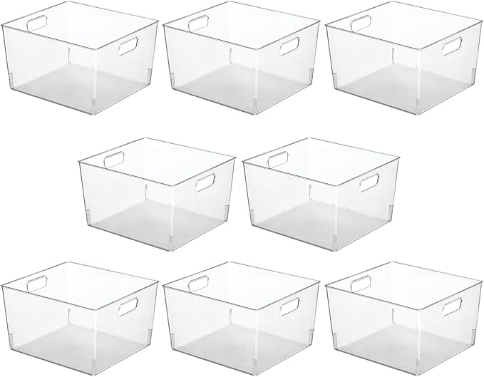 mDesign Large Modern Stackable Plastic Storage Organizer Bin Basket with Handles for Bathroom Vanity Organization - Shelf, Cubby, Cabinet, or Closet Organizing Decor - Ligne Collection, 8 Pack - Clear