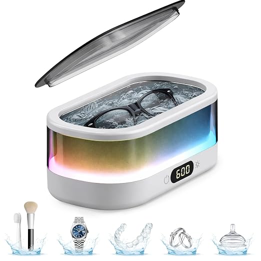 Ultrasonic Jewelry Cleaner 48KHz with RGB Lights for Eyeglasses, Rings, Watches, Dentures, 350ML 304 Stainless Steel Tank, Dual Modes Professional Sonic Cleaner Gift for Wife,Mom,Daughter