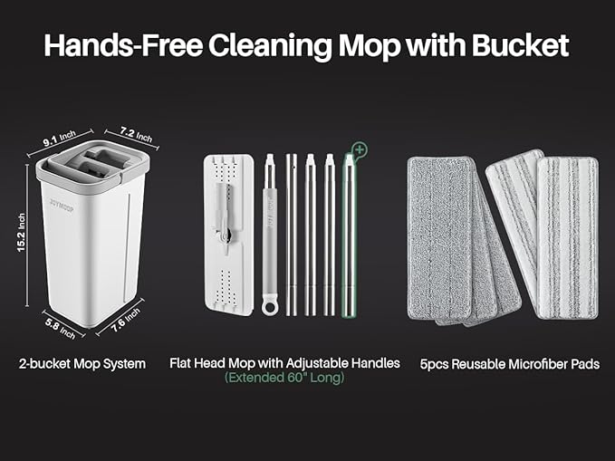 JOYMOOP Mops and Bucket with Wringer Set with 61" Mop Handle with Flexible 13" Flat Head with Flat Mop