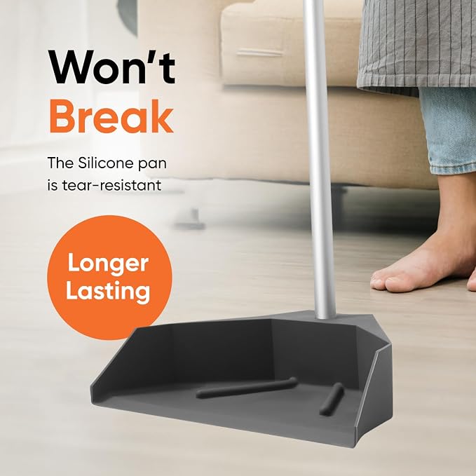 Superio Silicone Dust Pan with 35" Aluminum Long Handle & 16 Pet Hair Remover Silicone Broom - Lobby Dustpan Stand-Up & Carpet Rake Set for Hardwood, Tile, and Rugs - Gray