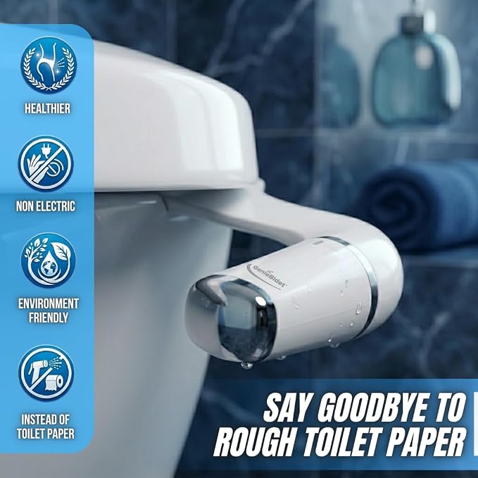 GenieBidet Bidet Attachment for Toilet - Ultra-Slim Hygienic Bidet Attachment For Existing Toilets - Bidet Toilet Seat Attachment with Pressure Controls - Travel Bidet Included (Left Hand Operation)