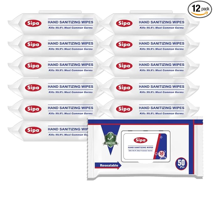 SIPA Hand Sanitizing Wipes 50 WIPES Bag, Clean-to-go, Travel Size, Fresh Scent, Soft Textured Wipes, Total 600 Pieces (PACK OF 12)